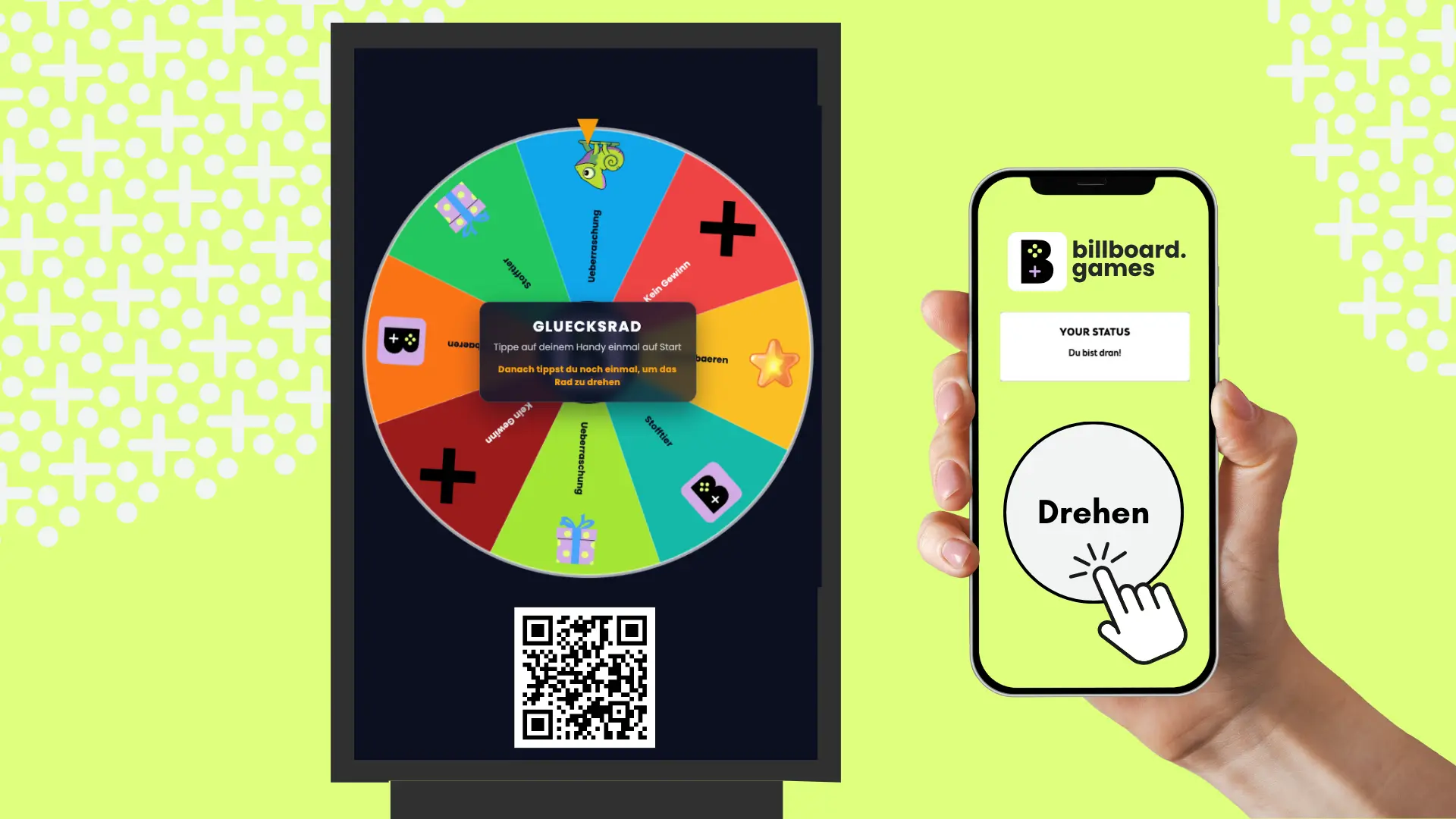 Digitales Glücksrad auf einem Digital-Signage-Screen, das per Smartphone mit „Drehen“-Button ausgelöst wird